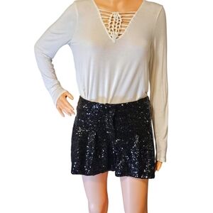 DEB Poof Couture Y2K Blk Sequin Hot Shorts 1X 00s BLING SPARKLY SHINY CLUB PARTY